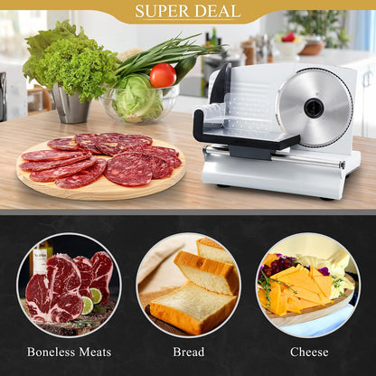 Premium Electric Food Meat Slicer - 7.5inch Stainless Steel Blade Home Kitchen Deli Meat Food Vegetable Cheese Cutter - Thickness Adjustable - Spacious Sliding Carriage - Easy to Clean