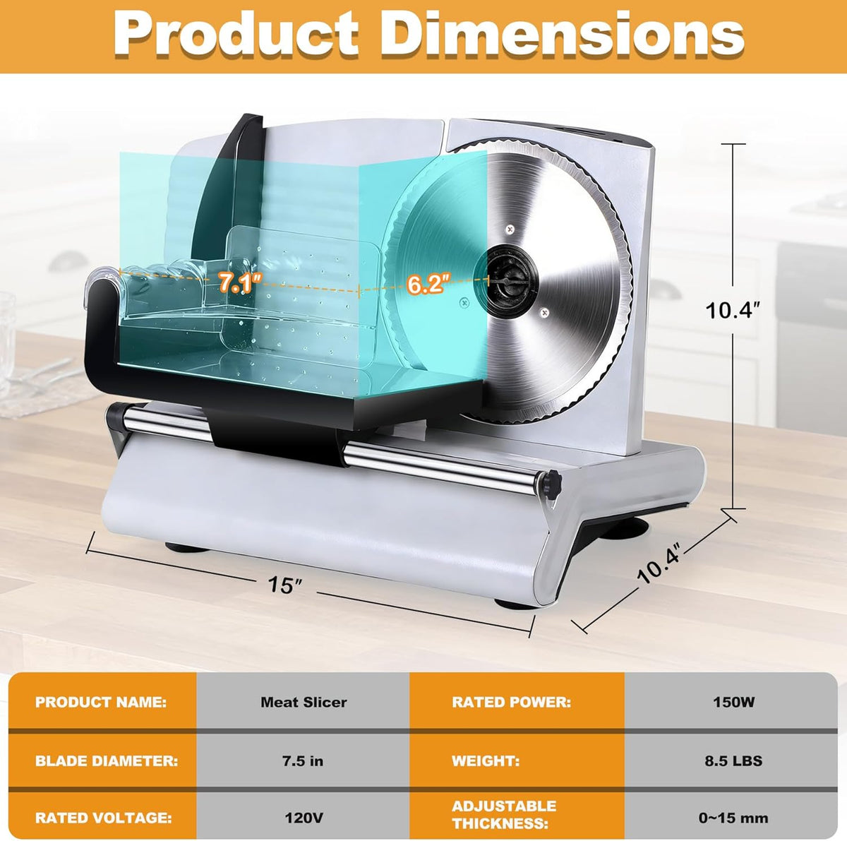 Premium Electric Food Meat Slicer - 7.5inch Stainless Steel Blade Home Kitchen Deli Meat Food Vegetable Cheese Cutter - Thickness Adjustable - Spacious Sliding Carriage - Easy to Clean