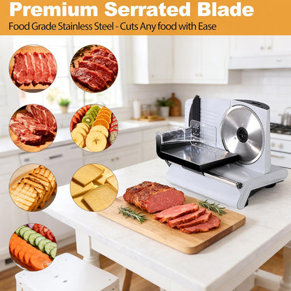 Premium Electric Food Meat Slicer - 7.5inch Stainless Steel Blade Home Kitchen Deli Meat Food Vegetable Cheese Cutter - Thickness Adjustable - Spacious Sliding Carriage - Easy to Clean