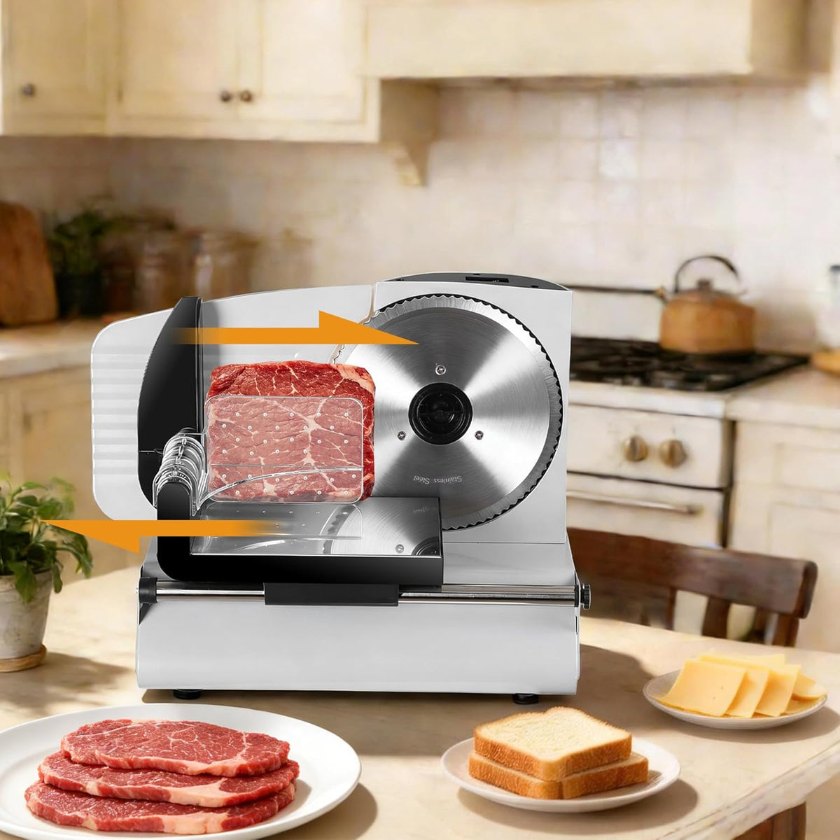 Premium Electric Food Meat Slicer - 7.5inch Stainless Steel Blade Home Kitchen Deli Meat Food Vegetable Cheese Cutter - Thickness Adjustable - Spacious Sliding Carriage - Easy to Clean
