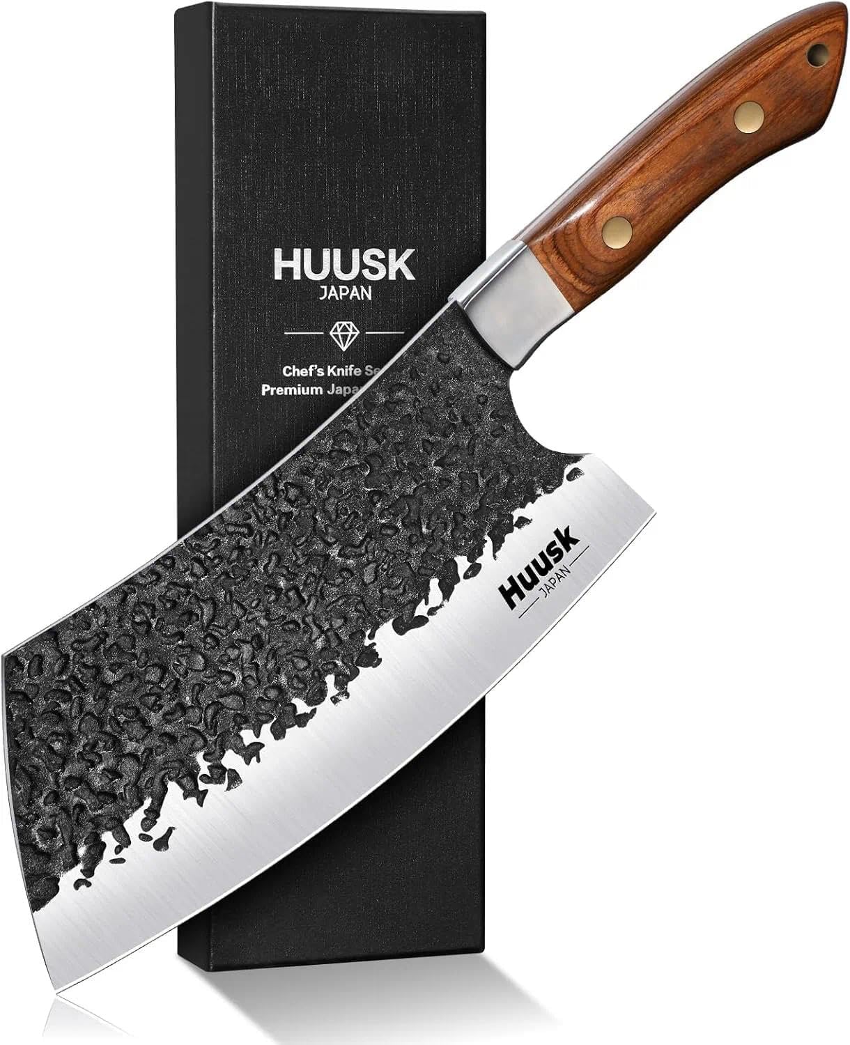 Huusk Meat Cleaver Knife Heavy Duty, 7 inch Butcher Knife for Meat Cutting | Hand Forged Japanese High Carbon Steel Vegetable Chopping Knives for BBQ, Camping, Gifts for Men Women