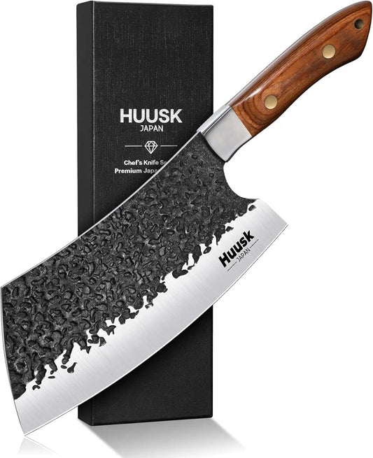 Huusk Meat Cleaver Knife Heavy Duty, 7 inch Butcher Knife for Meat Cutting | Hand Forged Japanese High Carbon Steel Vegetable Chopping Knives for BBQ, Camping, Gifts for Men Women