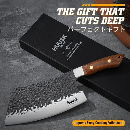 Huusk Meat Cleaver Knife Heavy Duty, 7 inch Butcher Knife for Meat Cutting | Hand Forged Japanese High Carbon Steel Vegetable Chopping Knives for BBQ, Camping, Gifts for Men Women