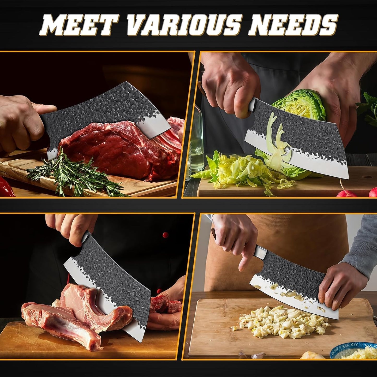 Huusk Meat Cleaver Knife Heavy Duty, 7 inch Butcher Knife for Meat Cutting | Hand Forged Japanese High Carbon Steel Vegetable Chopping Knives for BBQ, Camping, Gifts for Men Women