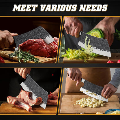 Huusk Meat Cleaver Knife Heavy Duty, 7 inch Butcher Knife for Meat Cutting | Hand Forged Japanese High Carbon Steel Vegetable Chopping Knives for BBQ, Camping, Gifts for Men Women
