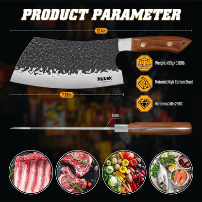 Huusk Meat Cleaver Knife Heavy Duty, 7 inch Butcher Knife for Meat Cutting | Hand Forged Japanese High Carbon Steel Vegetable Chopping Knives for BBQ, Camping, Gifts for Men Women