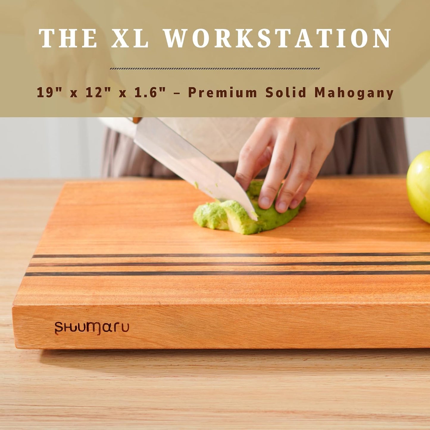 Mahogany Edge-Grain Cutting Board 19×12×1.6″ – Handmade in Bali with Black Sono Wood Inlays, Knife-Friendly, Non-Slip Feet & Ergonomic Handles – Luxury Gift for Chefs & Food Lovers