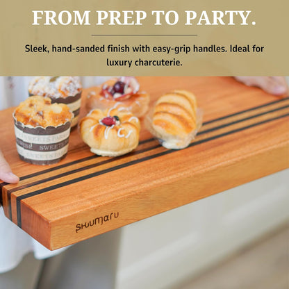 Mahogany Edge-Grain Cutting Board 19×12×1.6″ – Handmade in Bali with Black Sono Wood Inlays, Knife-Friendly, Non-Slip Feet & Ergonomic Handles – Luxury Gift for Chefs & Food Lovers