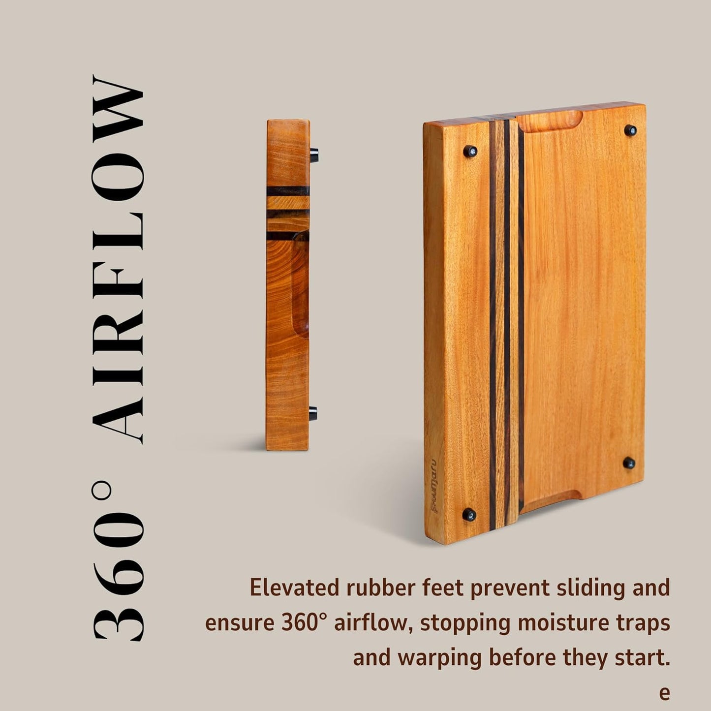 Mahogany Edge-Grain Cutting Board 19×12×1.6″ – Handmade in Bali with Black Sono Wood Inlays, Knife-Friendly, Non-Slip Feet & Ergonomic Handles – Luxury Gift for Chefs & Food Lovers