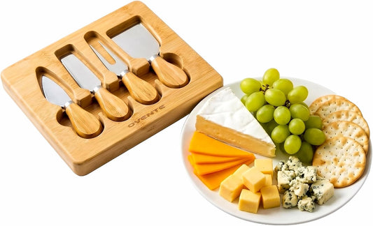4-Piece Cheese Knife Set with Bamboo Handle, Brown KCS5974B | Complete Stainless Steel Charcuterie Knives w/ Wooden Case, Ideal Fromage Slicer, Spread & Butter Cutter for Party & Gift
