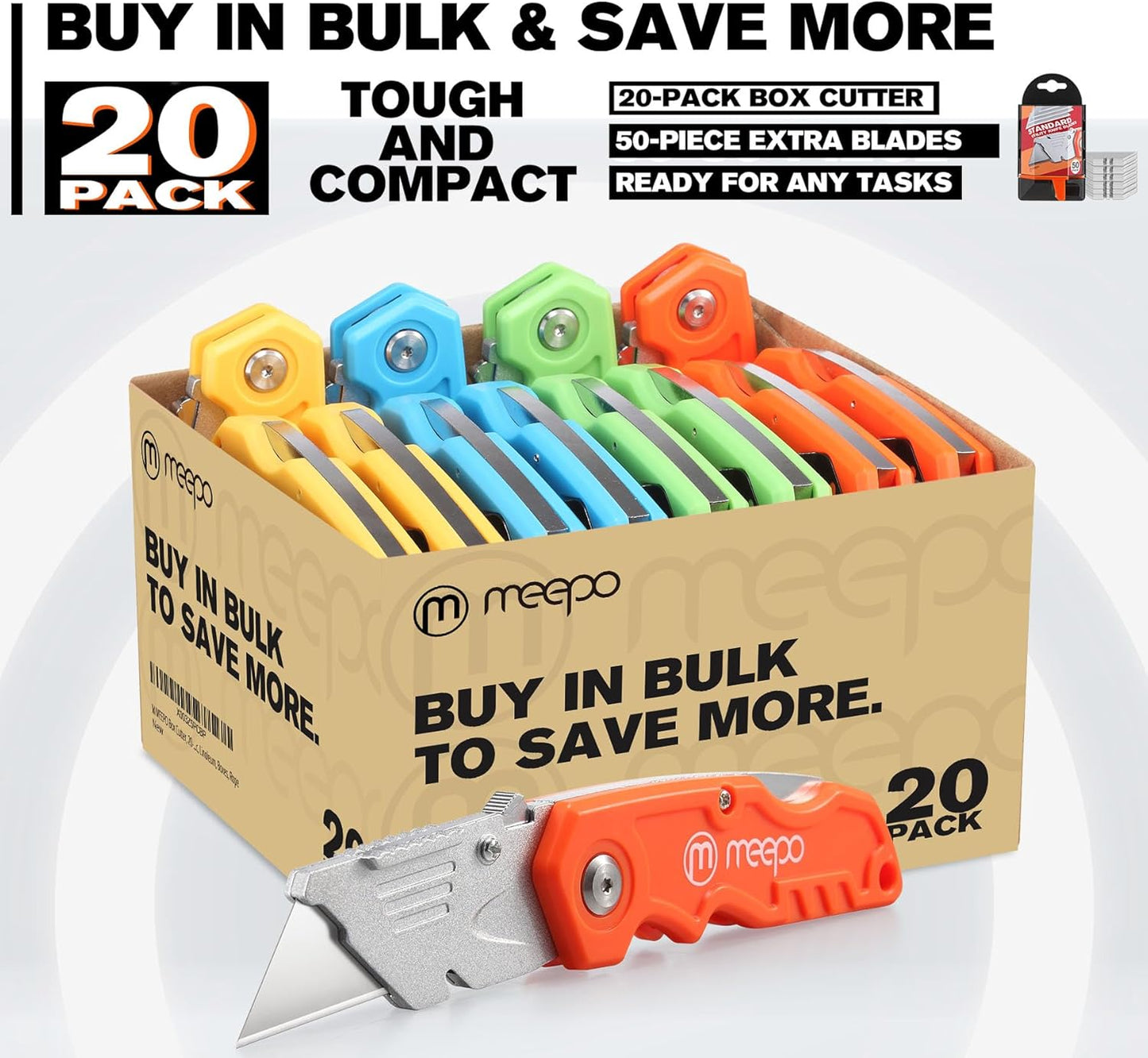 Box Cutter, 4-Pack Tough Folding Box Cutter for Heavy Duty Purpose, Razor Sharp Blade, Comfortable Handle, with Extra 10-Piece Blades, Can cut Drywall, Sheet Plastic, Linoleum, Boxes, Rope
