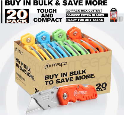 Box Cutter, 4-Pack Tough Folding Box Cutter for Heavy Duty Purpose, Razor Sharp Blade, Comfortable Handle, with Extra 10-Piece Blades, Can cut Drywall, Sheet Plastic, Linoleum, Boxes, Rope