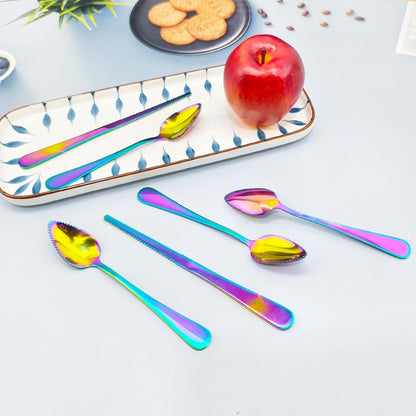6 PCS Stainless Steel Serrated Grapefruit Spoon and Knife Set Curved Utensils for Citrus Kiwi Melon Lime and Pitaya Fruits (Colorful)