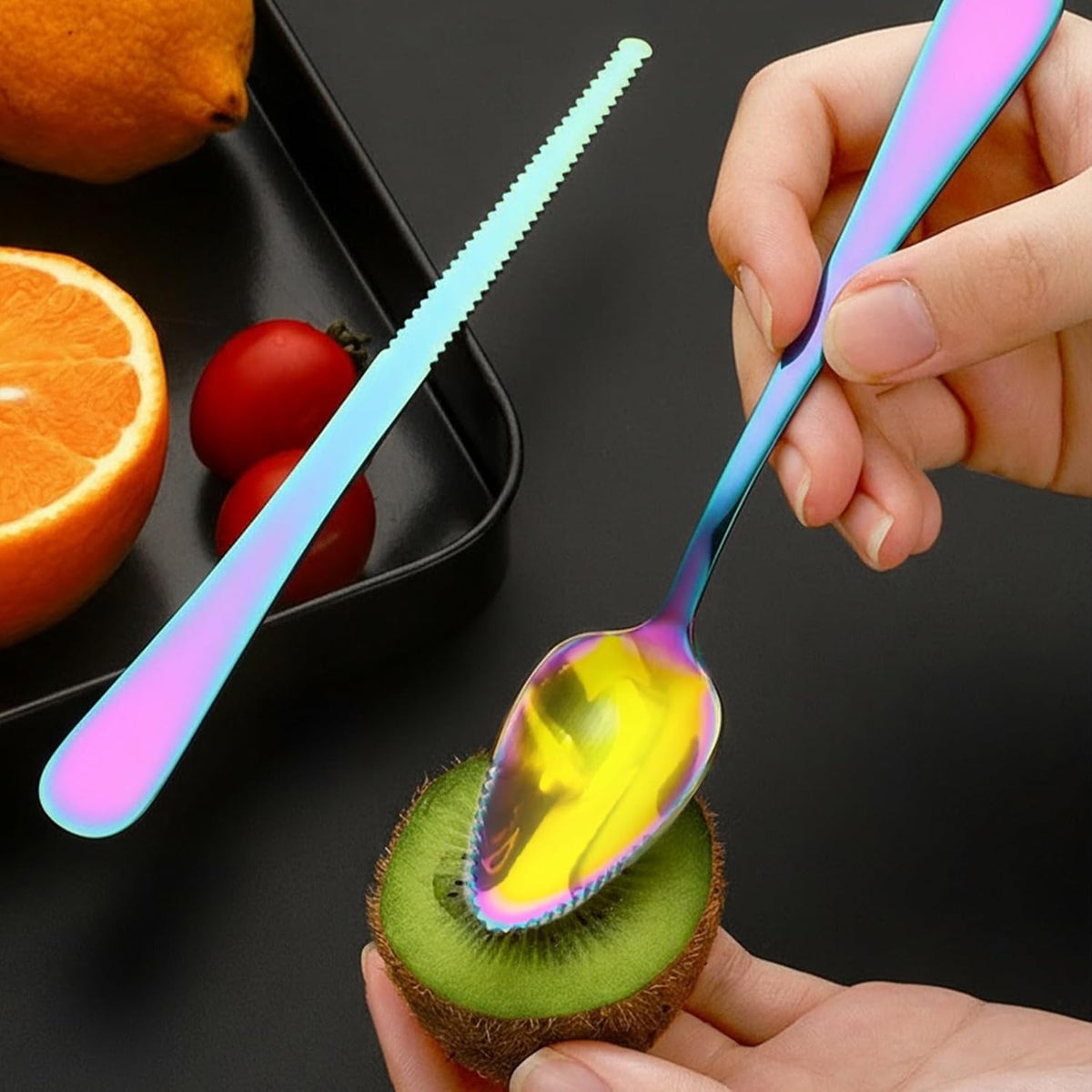 6 PCS Stainless Steel Serrated Grapefruit Spoon and Knife Set Curved Utensils for Citrus Kiwi Melon Lime and Pitaya Fruits (Colorful)