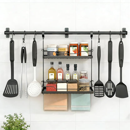 Spice Rack Wall Mount, 2-Tier Storage Shelf with Utensil Hanger | Adjustable Shelf & Hooks, Holds 40 lbs, Black Metal Vertical Storage Organizer Fits Kitchen Bathroom Laundry Coffee Bar