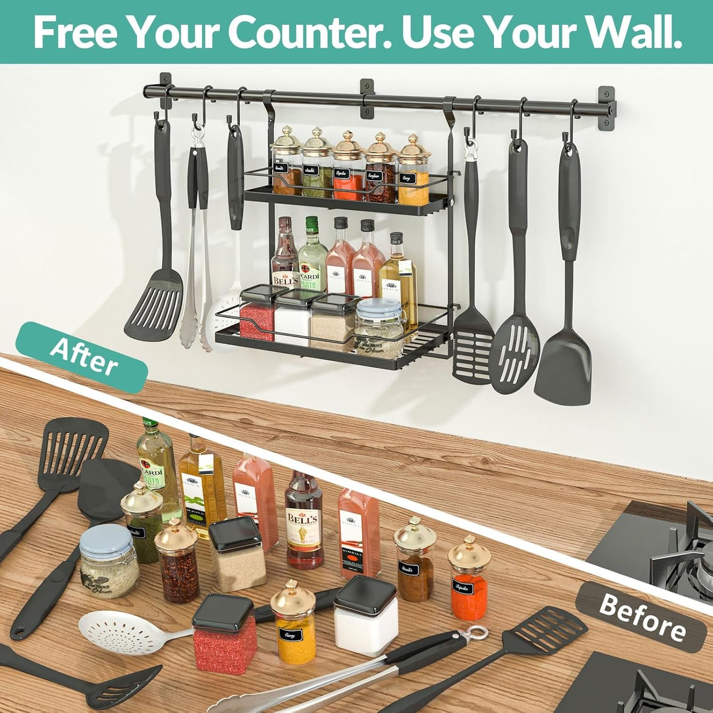Spice Rack Wall Mount, 2-Tier Storage Shelf with Utensil Hanger | Adjustable Shelf & Hooks, Holds 40 lbs, Black Metal Vertical Storage Organizer Fits Kitchen Bathroom Laundry Coffee Bar