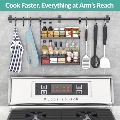 Spice Rack Wall Mount, 2-Tier Storage Shelf with Utensil Hanger | Adjustable Shelf & Hooks, Holds 40 lbs, Black Metal Vertical Storage Organizer Fits Kitchen Bathroom Laundry Coffee Bar
