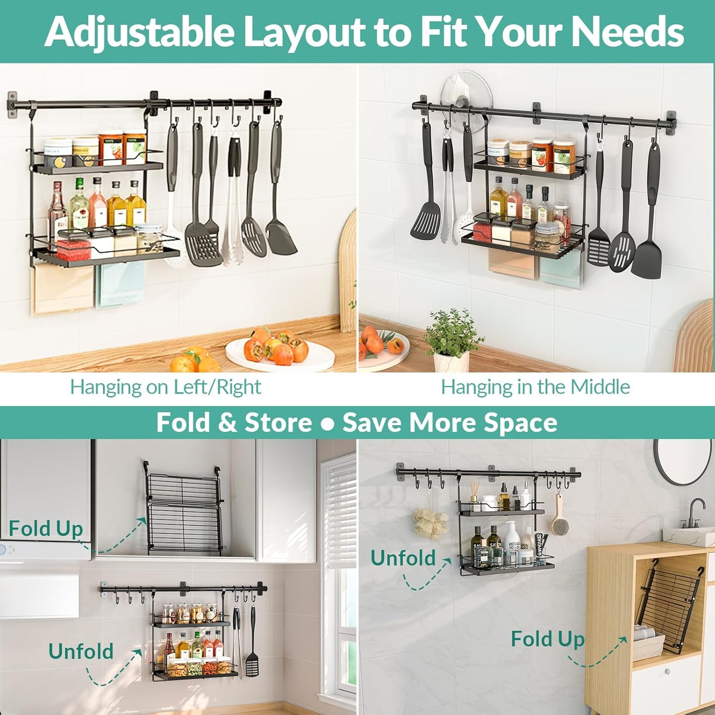 Spice Rack Wall Mount, 2-Tier Storage Shelf with Utensil Hanger | Adjustable Shelf & Hooks, Holds 40 lbs, Black Metal Vertical Storage Organizer Fits Kitchen Bathroom Laundry Coffee Bar