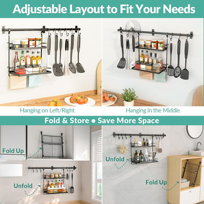Spice Rack Wall Mount, 2-Tier Storage Shelf with Utensil Hanger | Adjustable Shelf & Hooks, Holds 40 lbs, Black Metal Vertical Storage Organizer Fits Kitchen Bathroom Laundry Coffee Bar