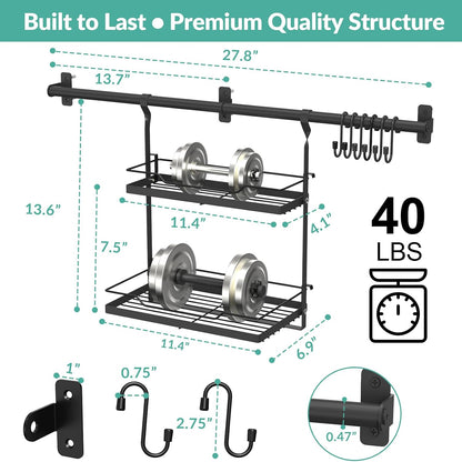 Spice Rack Wall Mount, 2-Tier Storage Shelf with Utensil Hanger | Adjustable Shelf & Hooks, Holds 40 lbs, Black Metal Vertical Storage Organizer Fits Kitchen Bathroom Laundry Coffee Bar