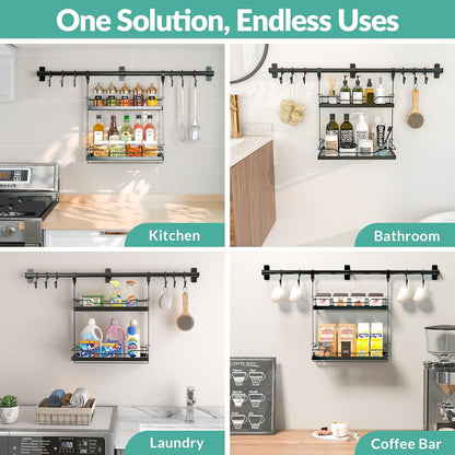 Spice Rack Wall Mount, 2-Tier Storage Shelf with Utensil Hanger | Adjustable Shelf & Hooks, Holds 40 lbs, Black Metal Vertical Storage Organizer Fits Kitchen Bathroom Laundry Coffee Bar