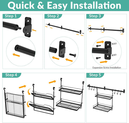 Spice Rack Wall Mount, 2-Tier Storage Shelf with Utensil Hanger | Adjustable Shelf & Hooks, Holds 40 lbs, Black Metal Vertical Storage Organizer Fits Kitchen Bathroom Laundry Coffee Bar
