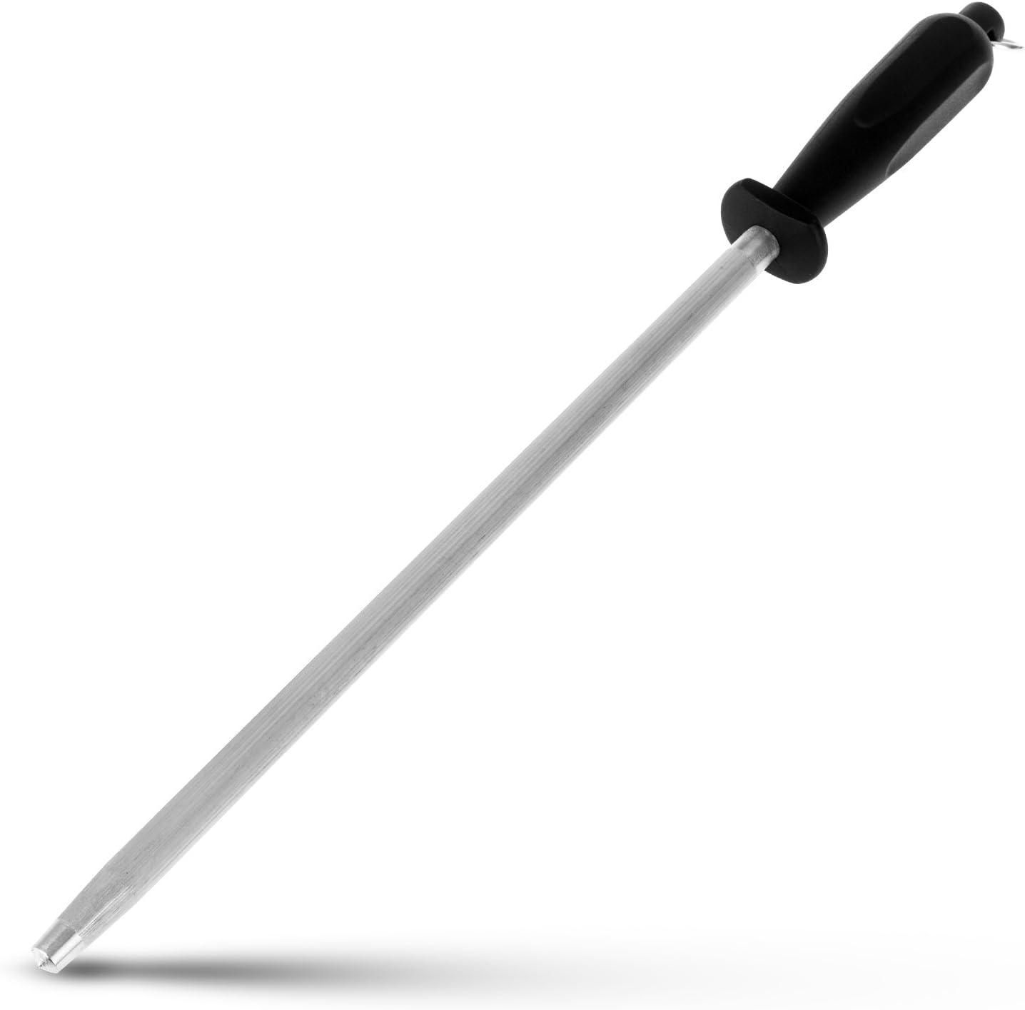 12-Inch Knife Sharpening Rod, Fine Carbon Honing Steel, Black Handle | Nickel-chrome Plated, Magnetized Rod Realigns Knife Edges, Non-slip Grip and Hanging Loop, Wipe Dry