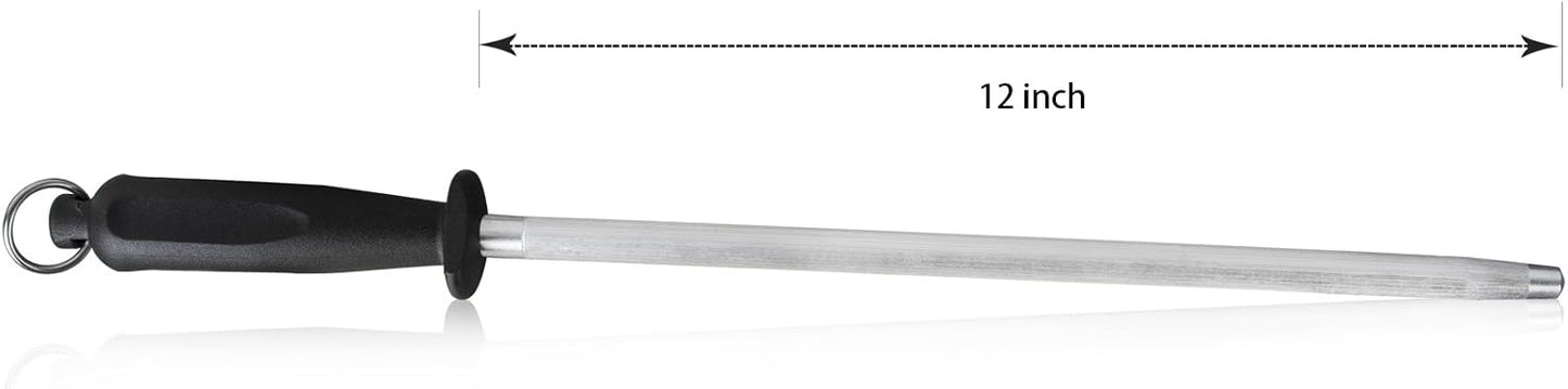 12-Inch Knife Sharpening Rod, Fine Carbon Honing Steel, Black Handle | Nickel-chrome Plated, Magnetized Rod Realigns Knife Edges, Non-slip Grip and Hanging Loop, Wipe Dry
