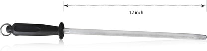 12-Inch Knife Sharpening Rod, Fine Carbon Honing Steel, Black Handle | Nickel-chrome Plated, Magnetized Rod Realigns Knife Edges, Non-slip Grip and Hanging Loop, Wipe Dry