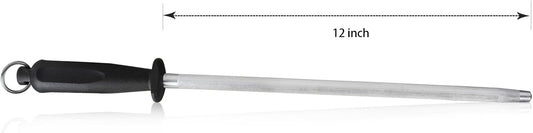 12-Inch Knife Sharpening Rod, Fine Carbon Honing Steel, Black Handle | Nickel-chrome Plated, Magnetized Rod Realigns Knife Edges, Non-slip Grip and Hanging Loop, Wipe Dry
