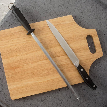 12-Inch Knife Sharpening Rod, Fine Carbon Honing Steel, Black Handle | Nickel-chrome Plated, Magnetized Rod Realigns Knife Edges, Non-slip Grip and Hanging Loop, Wipe Dry