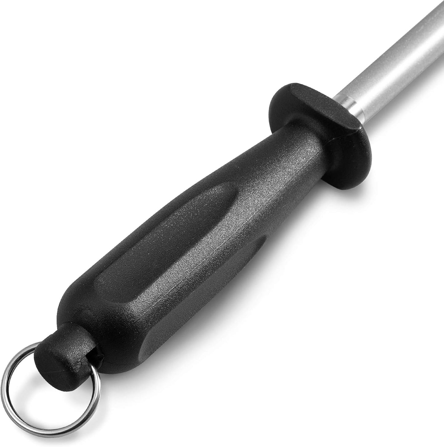 12-Inch Knife Sharpening Rod, Fine Carbon Honing Steel, Black Handle | Nickel-chrome Plated, Magnetized Rod Realigns Knife Edges, Non-slip Grip and Hanging Loop, Wipe Dry