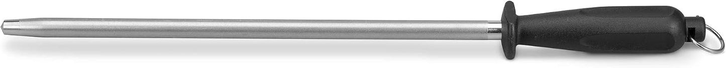 12-Inch Knife Sharpening Rod, Fine Carbon Honing Steel, Black Handle | Nickel-chrome Plated, Magnetized Rod Realigns Knife Edges, Non-slip Grip and Hanging Loop, Wipe Dry