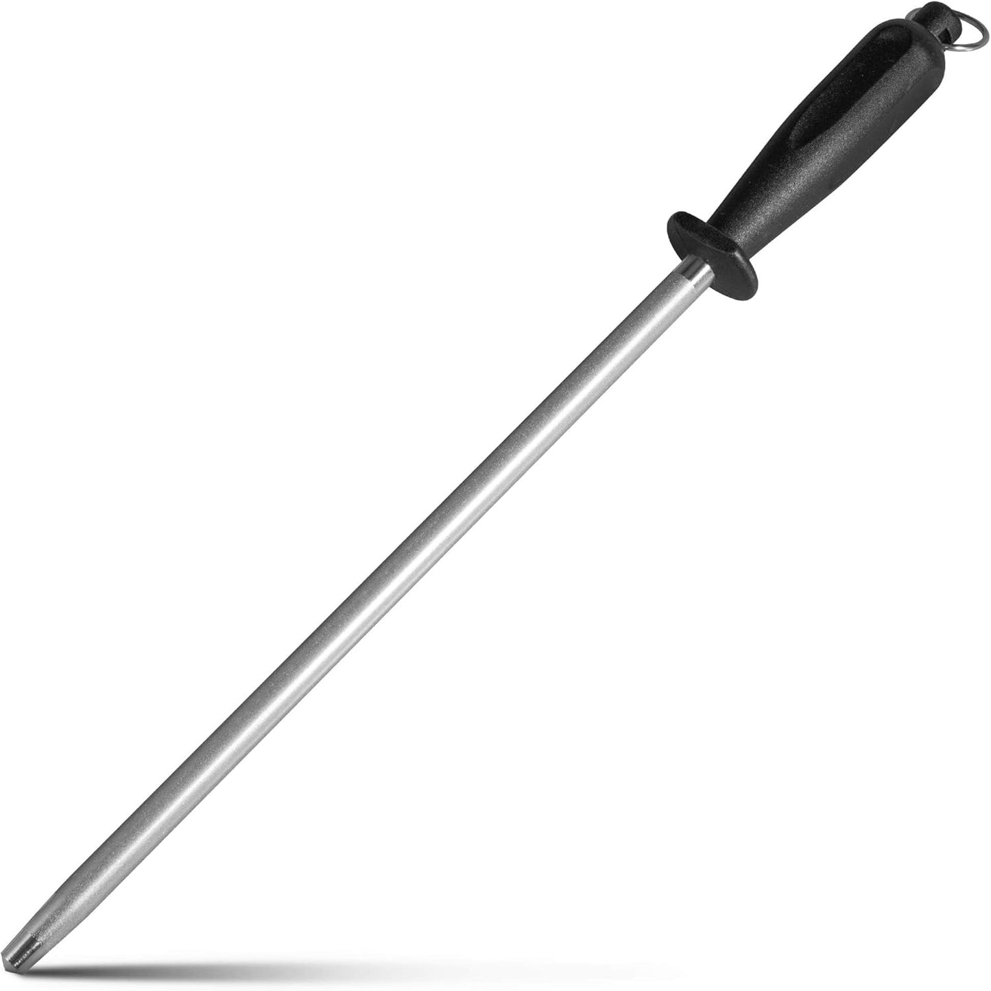 12-Inch Knife Sharpening Rod, Fine Carbon Honing Steel, Black Handle | Nickel-chrome Plated, Magnetized Rod Realigns Knife Edges, Non-slip Grip and Hanging Loop, Wipe Dry
