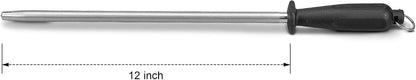 12-Inch Knife Sharpening Rod, Fine Carbon Honing Steel, Black Handle | Nickel-chrome Plated, Magnetized Rod Realigns Knife Edges, Non-slip Grip and Hanging Loop, Wipe Dry