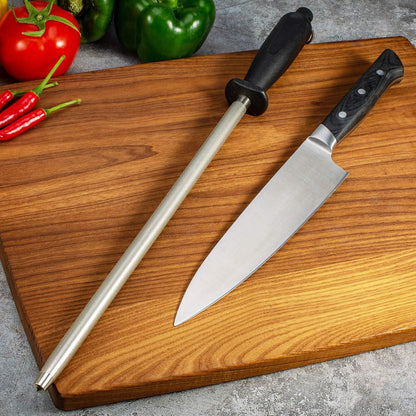12-Inch Knife Sharpening Rod, Fine Carbon Honing Steel, Black Handle | Nickel-chrome Plated, Magnetized Rod Realigns Knife Edges, Non-slip Grip and Hanging Loop, Wipe Dry