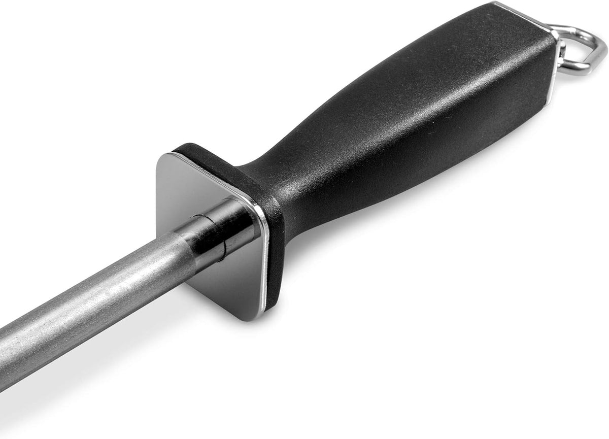 12-Inch Knife Sharpening Rod, Fine Carbon Honing Steel, Black Handle | Nickel-chrome Plated, Magnetized Rod Realigns Knife Edges, Non-slip Grip and Hanging Loop, Wipe Dry