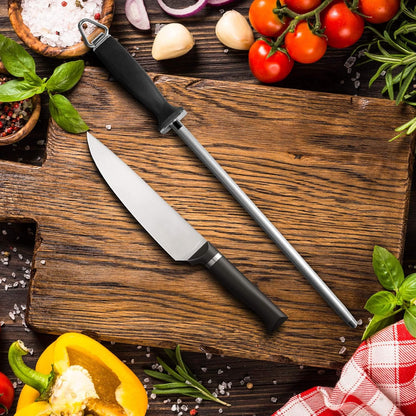 12-Inch Knife Sharpening Rod, Fine Carbon Honing Steel, Black Handle | Nickel-chrome Plated, Magnetized Rod Realigns Knife Edges, Non-slip Grip and Hanging Loop, Wipe Dry