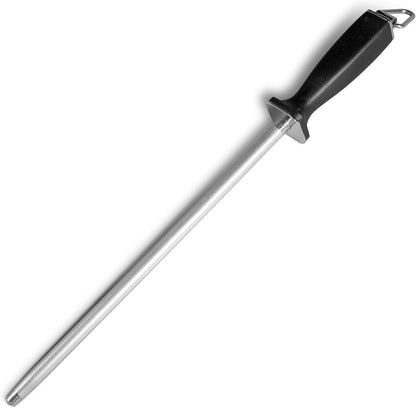 12-Inch Knife Sharpening Rod, Fine Carbon Honing Steel, Black Handle | Nickel-chrome Plated, Magnetized Rod Realigns Knife Edges, Non-slip Grip and Hanging Loop, Wipe Dry