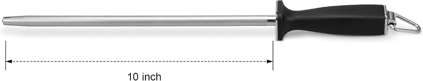 12-Inch Knife Sharpening Rod, Fine Carbon Honing Steel, Black Handle | Nickel-chrome Plated, Magnetized Rod Realigns Knife Edges, Non-slip Grip and Hanging Loop, Wipe Dry