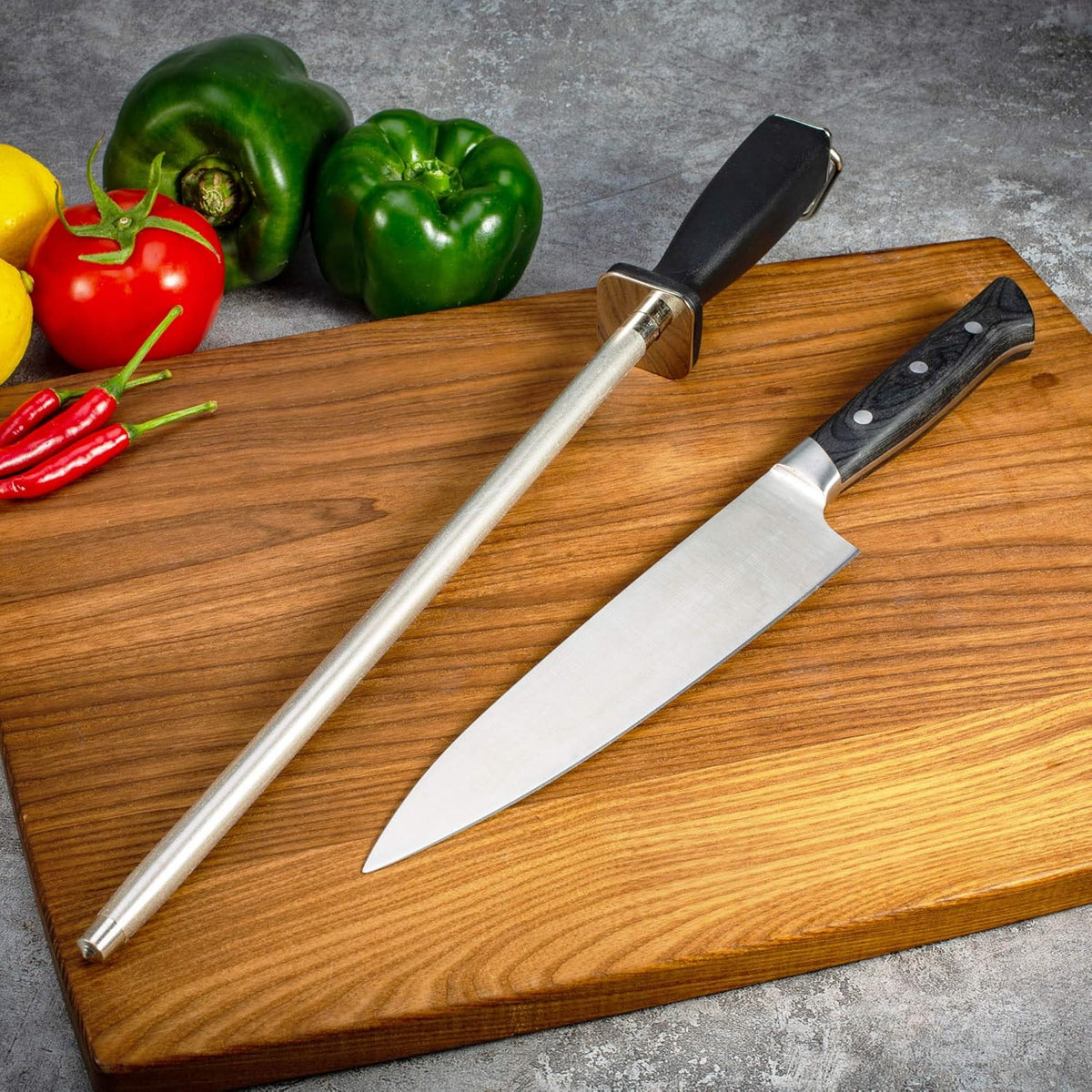 12-Inch Knife Sharpening Rod, Fine Carbon Honing Steel, Black Handle | Nickel-chrome Plated, Magnetized Rod Realigns Knife Edges, Non-slip Grip and Hanging Loop, Wipe Dry