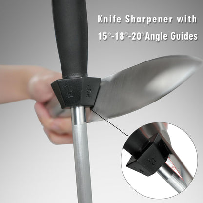 12-Inch Knife Sharpening Rod, Fine Carbon Honing Steel, Black Handle | Nickel-chrome Plated, Magnetized Rod Realigns Knife Edges, Non-slip Grip and Hanging Loop, Wipe Dry
