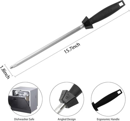 12-Inch Knife Sharpening Rod, Fine Carbon Honing Steel, Black Handle | Nickel-chrome Plated, Magnetized Rod Realigns Knife Edges, Non-slip Grip and Hanging Loop, Wipe Dry