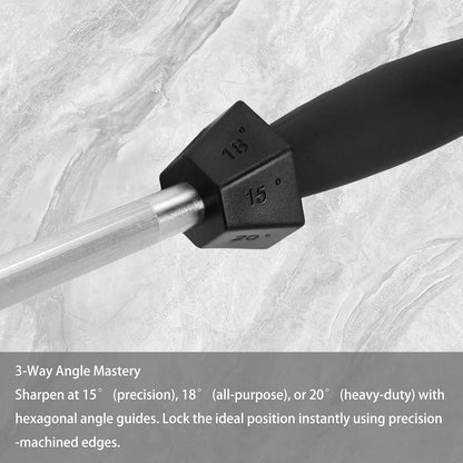12-Inch Knife Sharpening Rod, Fine Carbon Honing Steel, Black Handle | Nickel-chrome Plated, Magnetized Rod Realigns Knife Edges, Non-slip Grip and Hanging Loop, Wipe Dry