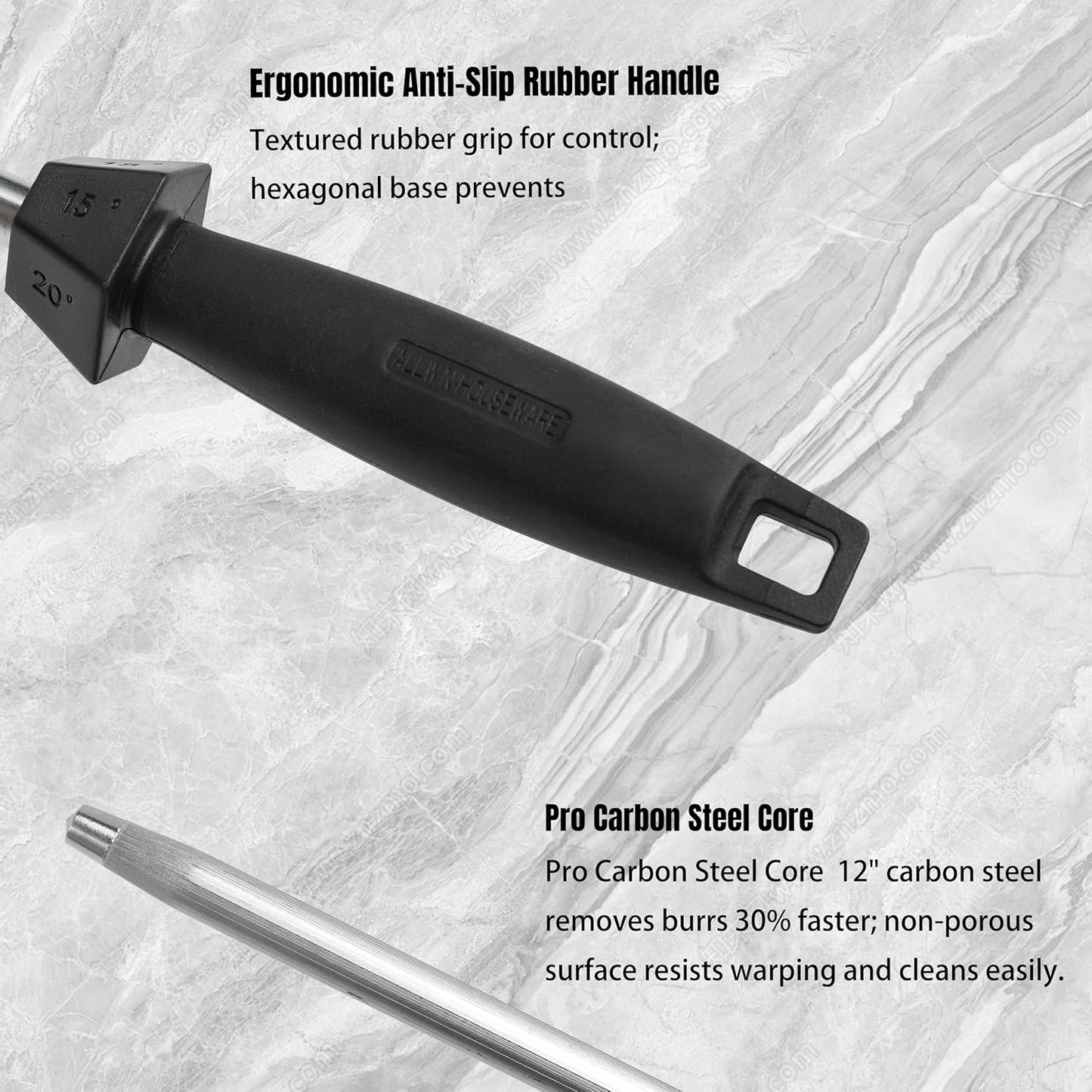 12-Inch Knife Sharpening Rod, Fine Carbon Honing Steel, Black Handle | Nickel-chrome Plated, Magnetized Rod Realigns Knife Edges, Non-slip Grip and Hanging Loop, Wipe Dry