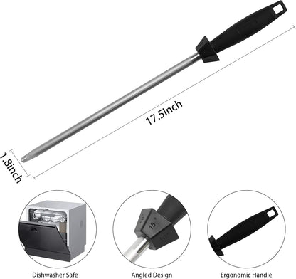 12-Inch Knife Sharpening Rod, Fine Carbon Honing Steel, Black Handle | Nickel-chrome Plated, Magnetized Rod Realigns Knife Edges, Non-slip Grip and Hanging Loop, Wipe Dry