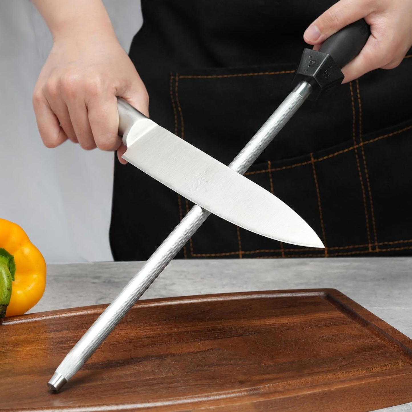 12-Inch Knife Sharpening Rod, Fine Carbon Honing Steel, Black Handle | Nickel-chrome Plated, Magnetized Rod Realigns Knife Edges, Non-slip Grip and Hanging Loop, Wipe Dry