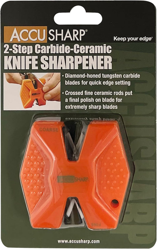 AccuSharp Pull Through Knife Sharpener Keychain, 2-Stage Sharpener for Straight or Serrated Kitchen Knives, Handheld Tool for Fishing & Hunting, Orange