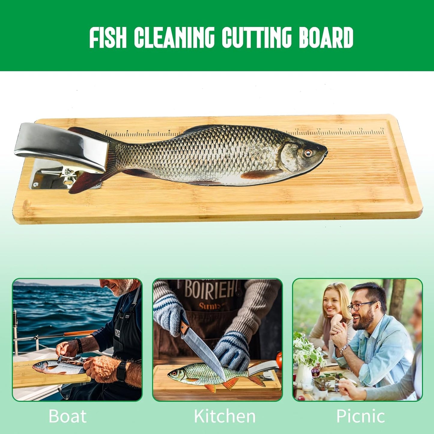 Fish Cleaning Board Kit, Fish Fillet Cutting Board Set with Clamp | 18" Bamboo Fish Cleaning Tools with Fillet Knife, Sharpener,Gloves,Anti-slip Fishing Measuring Board,Fisherman Gifts for Men