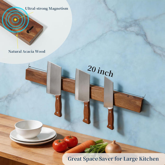 Magnetic Knife Holder for Wall, 20 Inch Acacia Wood Magnetic Knife Strip | with Strong N52 Magnets, No Drill Knife Bar for Kitchen Knives & Utensils, Space-Saving Organizer for Kitchen, RV, Farmhouse